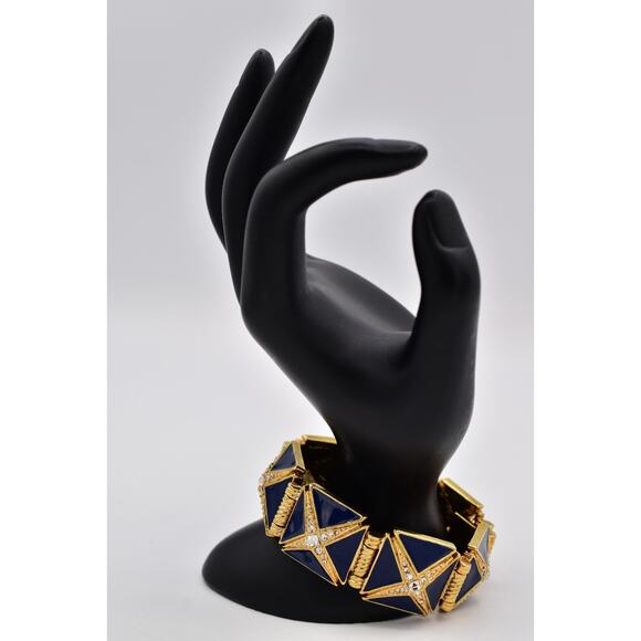 Hutton Wilkinson Vintage Bracelet Blue Enamel Bracelet Gold Crystal Signed BinO - Picture 5 of 12